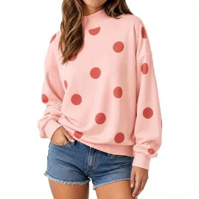 Autumn Women Casual Polo Dot Print Loose Sweatshirt