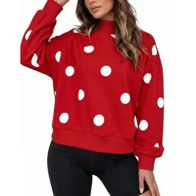 Autumn Women Casual Polo Dot Print Loose Sweatshirt