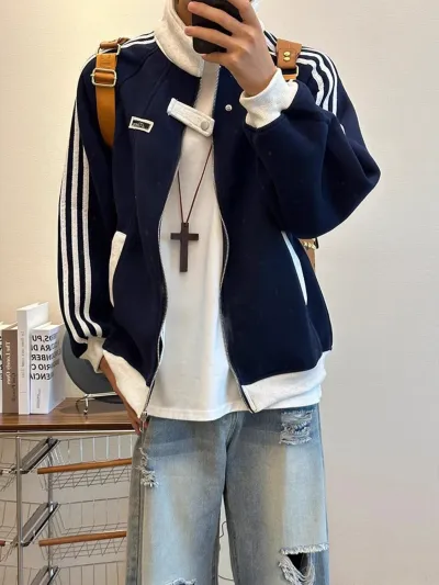 Men'S Fashion Casual Spring And Autumn Color Block Loose Coat