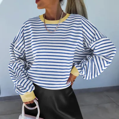 Autumn And Winter Women Casual Stripe Crewneck Sweatshirt