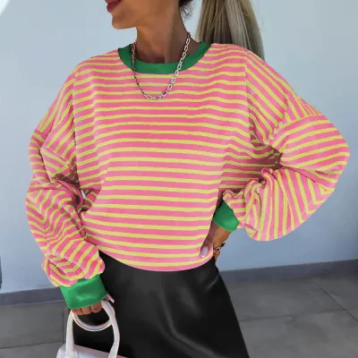 Autumn And Winter Women Casual Stripe Crewneck Sweatshirt