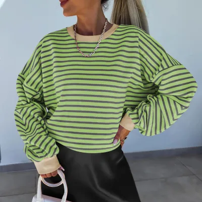 Autumn And Winter Women Casual Stripe Crewneck Sweatshirt