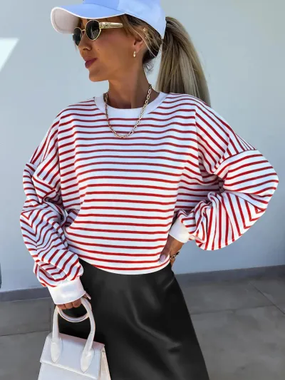 Autumn And Winter Women Casual Stripe Crewneck Sweatshirt
