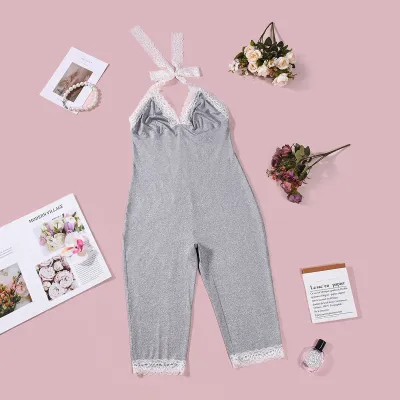 Women Fashion Sexy Contrast Lace Stitching Halter-Neck Backless Jumpsuit