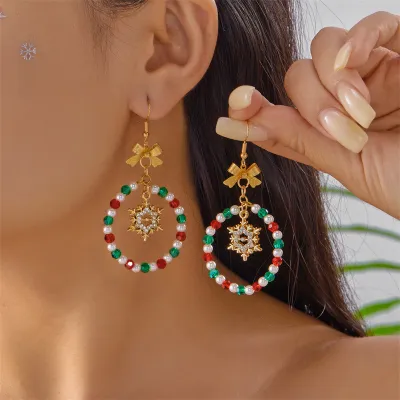 Christmas Women Fashion Creative Christmas Star Bell Rice Beads Earrings