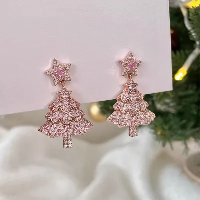 Christmas Series Pink Christmas Tree Rhinestone Earrings
