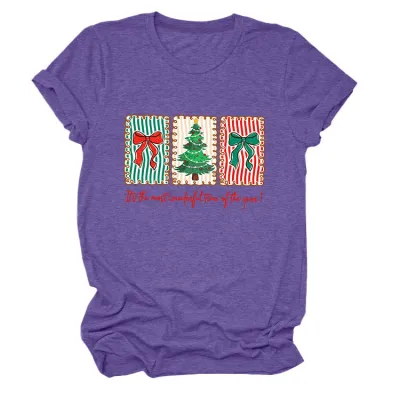 Christmas Women Fashion Casual Printed Round-Neck Short Sleeve T-Shirt