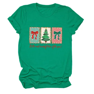 Christmas Women Fashion Casual Printed Round-Neck Short Sleeve T-Shirt