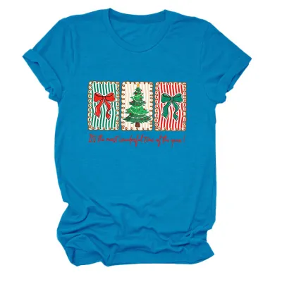 Christmas Women Fashion Casual Printed Round-Neck Short Sleeve T-Shirt