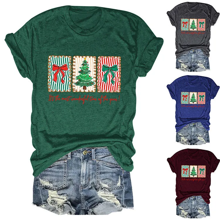 Christmas Women Fashion Casual Printed Round-Neck Short Sleeve T-Shirt