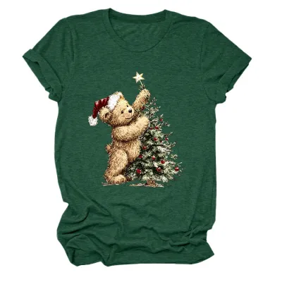 Christmas Women Fashion Cute Tree Printed Round-Neck Short Sleeve T-Shirt