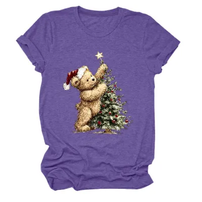 Christmas Women Fashion Cute Tree Printed Round-Neck Short Sleeve T-Shirt