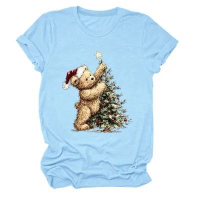 Christmas Women Fashion Cute Tree Printed Round-Neck Short Sleeve T-Shirt