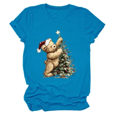 Christmas Women Fashion Cute Tree Printed Round-Neck Short Sleeve T-Shirt