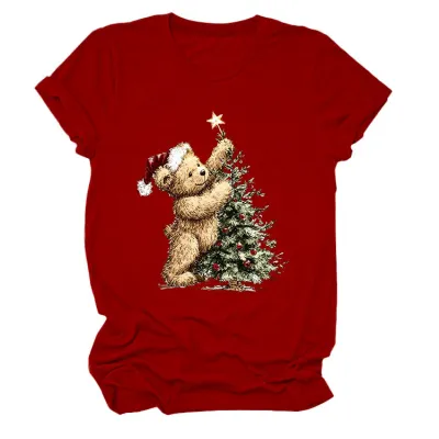 Christmas Women Fashion Cute Tree Printed Round-Neck Short Sleeve T-Shirt