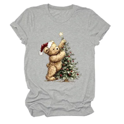 Christmas Women Fashion Cute Tree Printed Round-Neck Short Sleeve T-Shirt