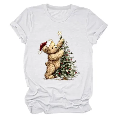 Christmas Women Fashion Cute Tree Printed Round-Neck Short Sleeve T-Shirt