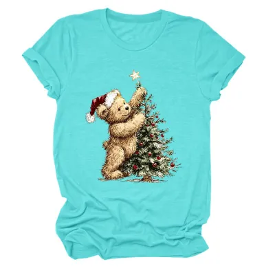 Christmas Women Fashion Cute Tree Printed Round-Neck Short Sleeve T-Shirt