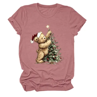 Christmas Women Fashion Cute Tree Printed Round-Neck Short Sleeve T-Shirt