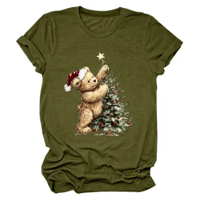 Christmas Women Fashion Cute Tree Printed Round-Neck Short Sleeve T-Shirt