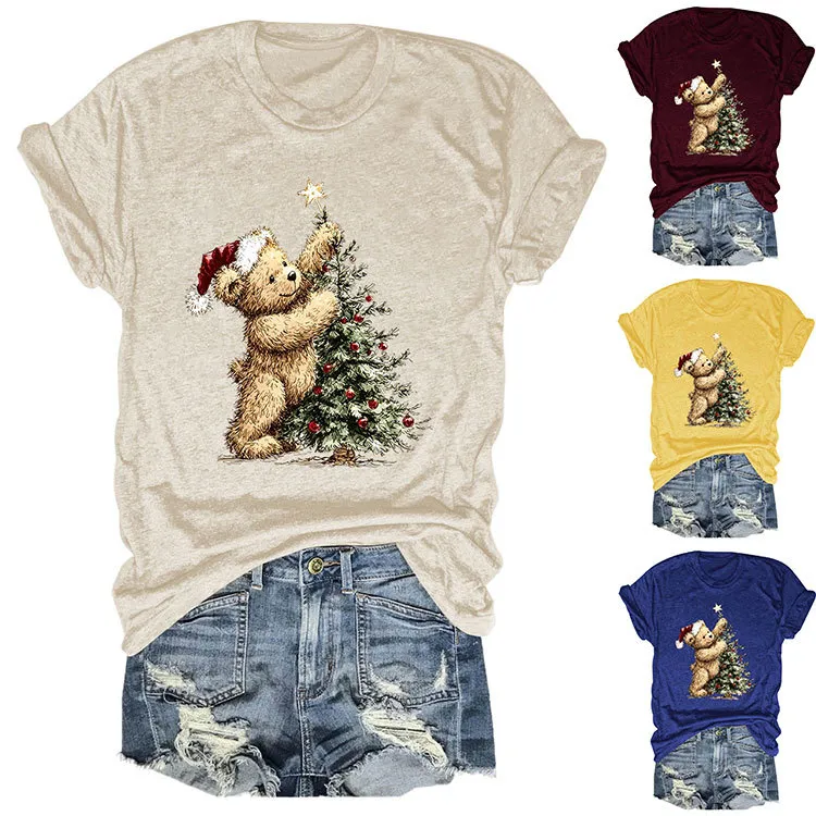Christmas Women Fashion Cute Tree Printed Round-Neck Short Sleeve T-Shirt