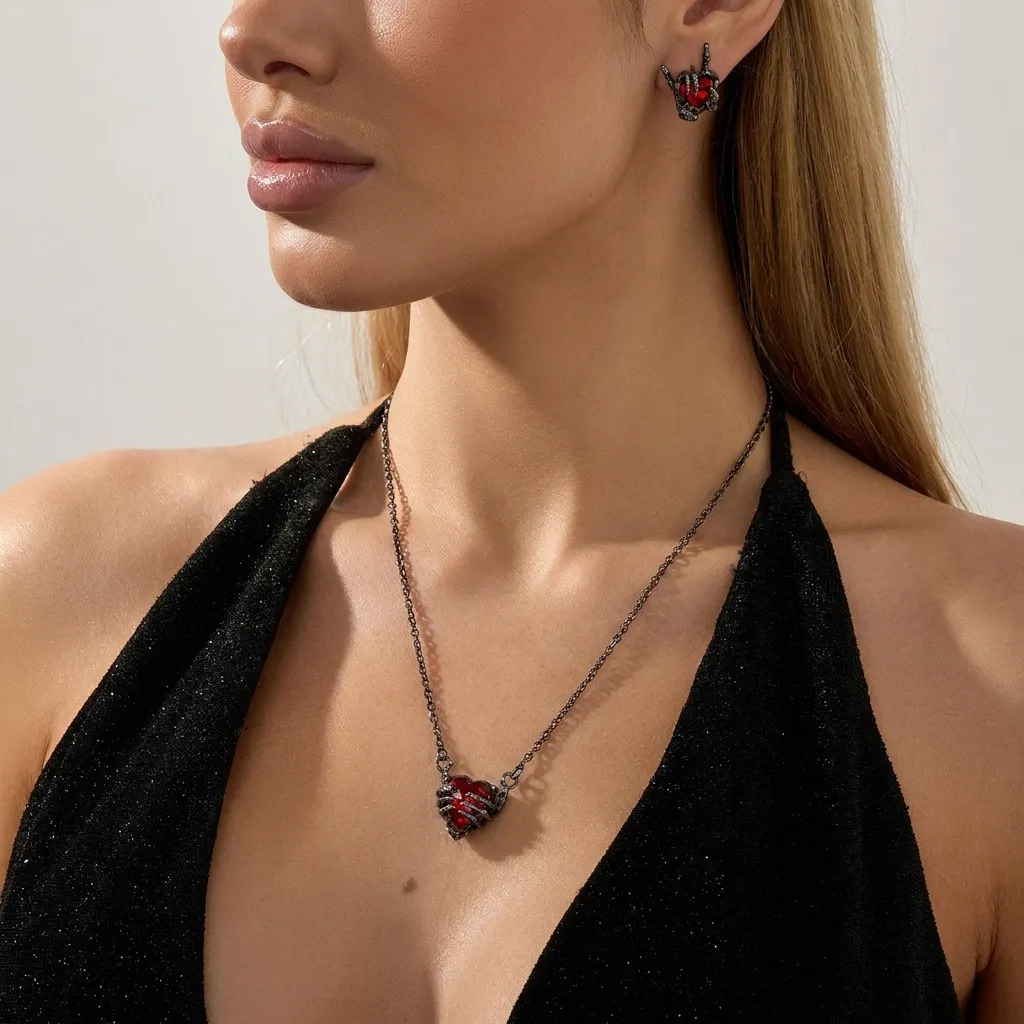 Halloween Women Fashion Ghost Hand Gesture Zircon Earrings Necklace Set
