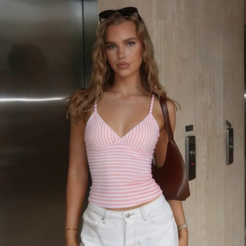 Women Fashion Sexy Summer Stripe V-Neck Slim-Fit Camisole