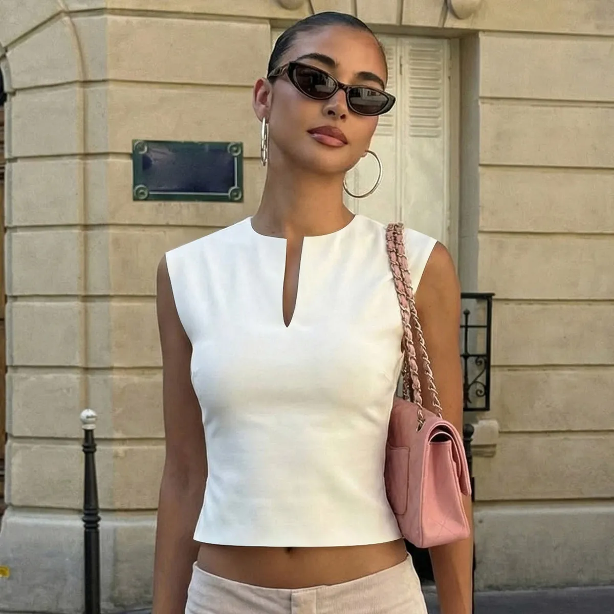 Women Fashion Simple Solid Color V-Neck Sleeveless Slim Tank Top