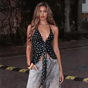 Women Fashion Sexy Summer Polka Dot Print Halter-Neck Deep V-Neck Lace-Up Tank Top