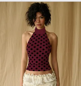 Women Fashion Sexy Summer Polka Dot Print Halter-Neck Sleeveless Backless Tank Top