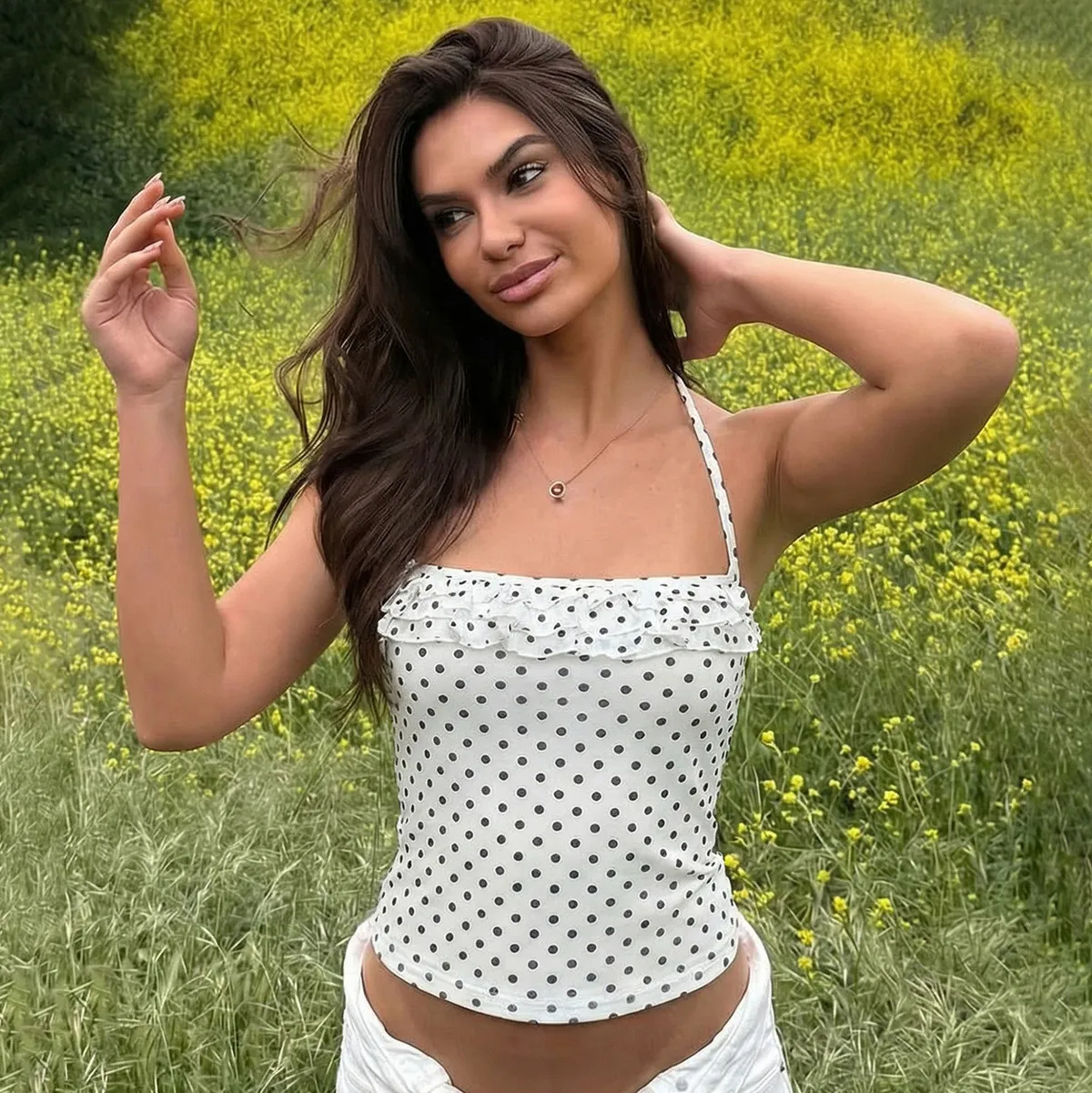 Women Fashion Sexy Polka Dot Print Halter-Neck Pleated Camisole