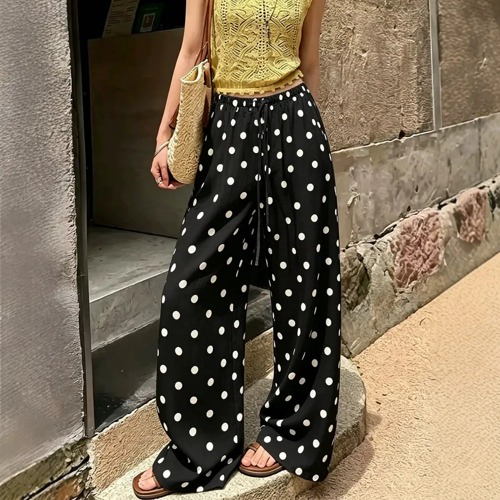 Women Fashion Casual Polka Dot Print Straight Leg Pants