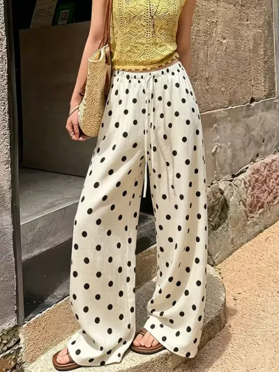 Women Fashion Casual Polka Dot Print Straight Leg Pants