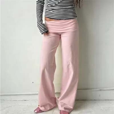Women Fashion Casual Stripe Folding Waist Design Loose Pants