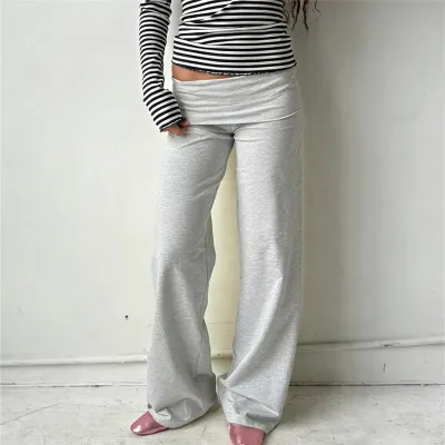 Women Fashion Casual Stripe Folding Waist Design Loose Pants