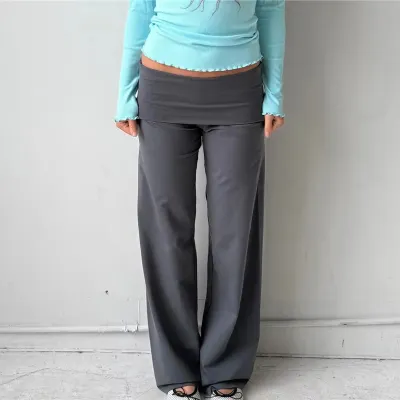 Women Fashion Casual Stripe Folding Waist Design Loose Pants