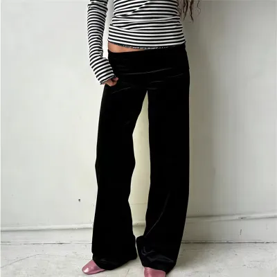 Women Fashion Casual Stripe Folding Waist Design Loose Pants