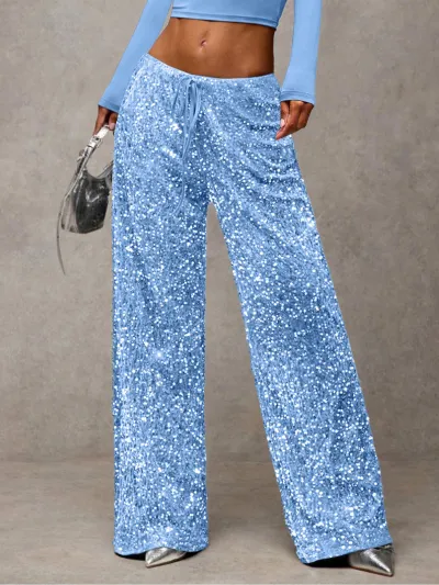 Women Fashion Casual Solid Color Sequins Drawstring Stretch Straight Pants