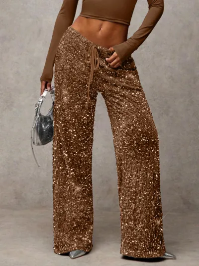 Women Fashion Casual Solid Color Sequins Drawstring Stretch Straight Pants