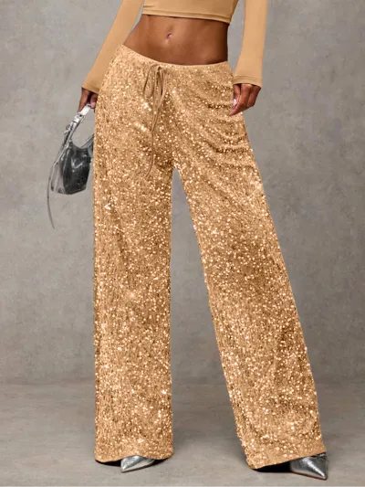 Women Fashion Casual Solid Color Sequins Drawstring Stretch Straight Pants