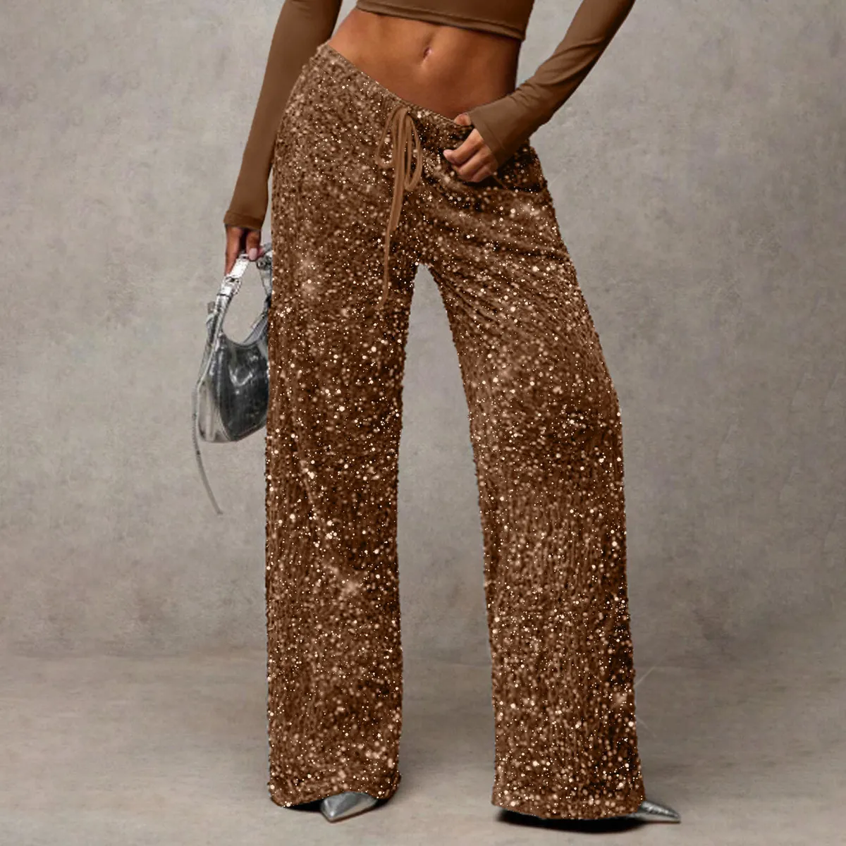 Women Fashion Casual Solid Color Sequins Drawstring Stretch Straight Pants