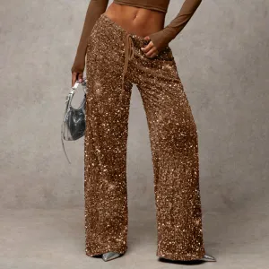 Women Fashion Casual Solid Color Sequins Drawstring Stretch Straight Pants