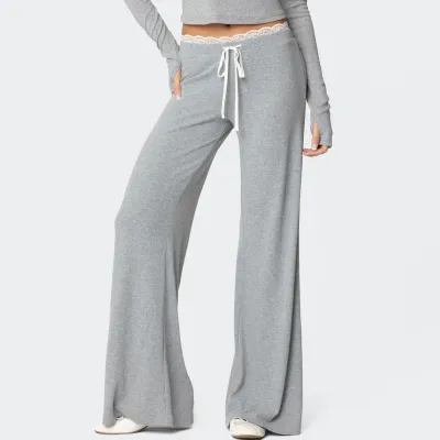 Women'S Fashion Casual Lace-Trim Drawstring Straight-Leg Pants