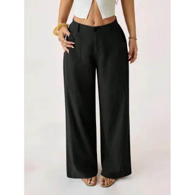 Women Fashion Casual Solid Color Cotton Linen Breathable Wide Leg Pants