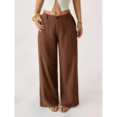 Women Fashion Casual Solid Color Cotton Linen Breathable Wide Leg Pants