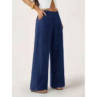Women Fashion Casual Solid Color Cotton Linen Breathable Wide Leg Pants