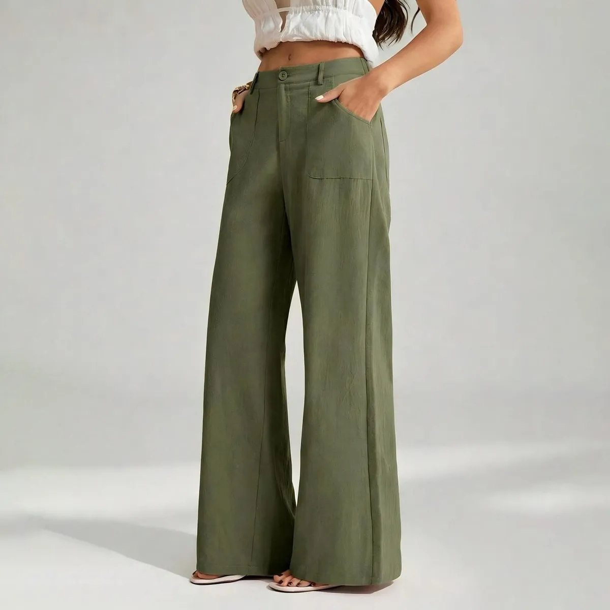 Women Fashion Casual Solid Color Cotton Linen Breathable Wide Leg Pants