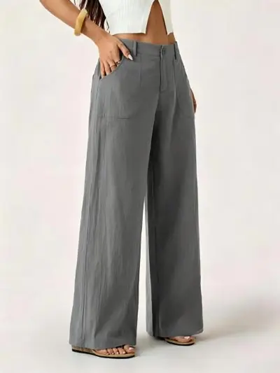 Women Fashion Casual Solid Color Cotton Linen Breathable Wide Leg Pants