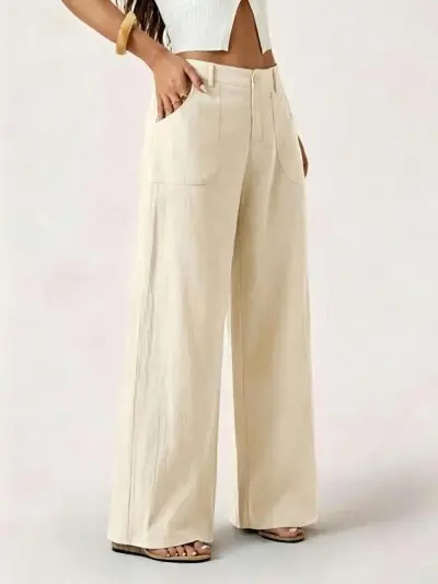 Women Fashion Casual Solid Color Cotton Linen Breathable Wide Leg Pants