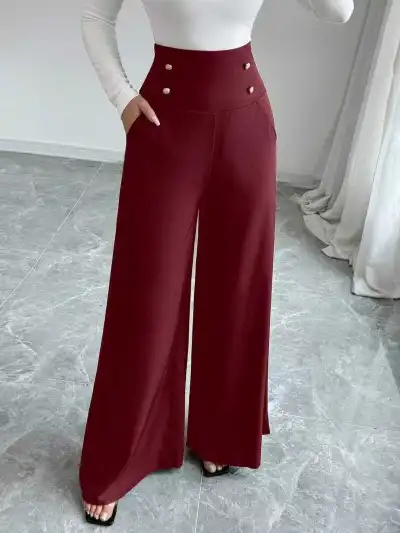 Women Fashion Casual Elegant Solid Color High Waist Wide Leg Pants
